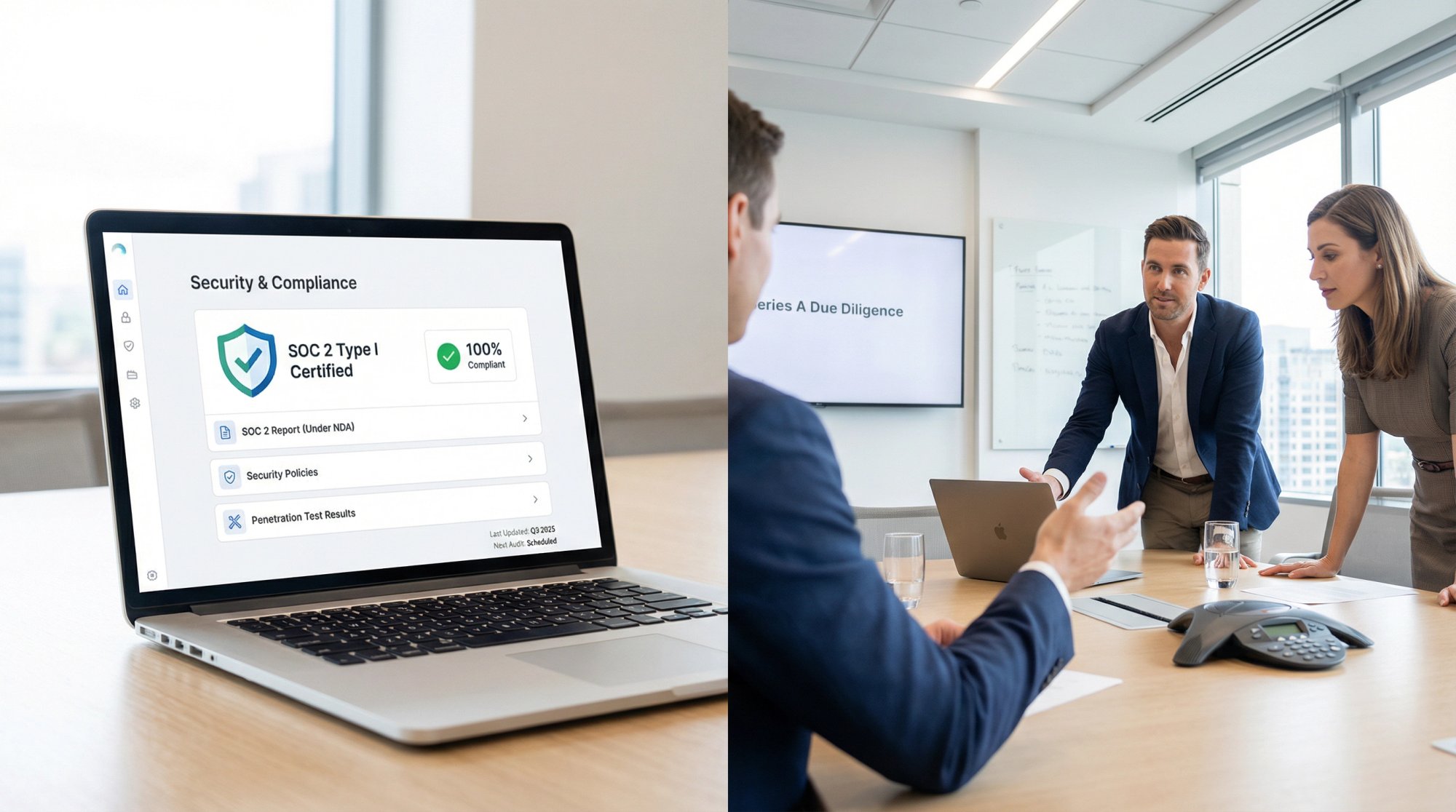 Professional trust center dashboard presentation showing SOC 2 credentials and real-time compliance status
