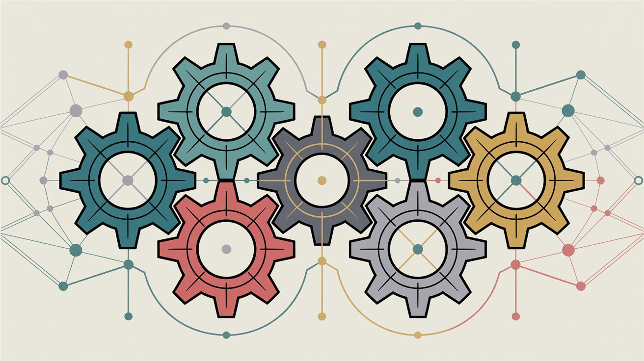 Interconnected gears representing HIPAA, SOX, GDPR, CCPA, PCI DSS, and ISO 27001 compliance regulations