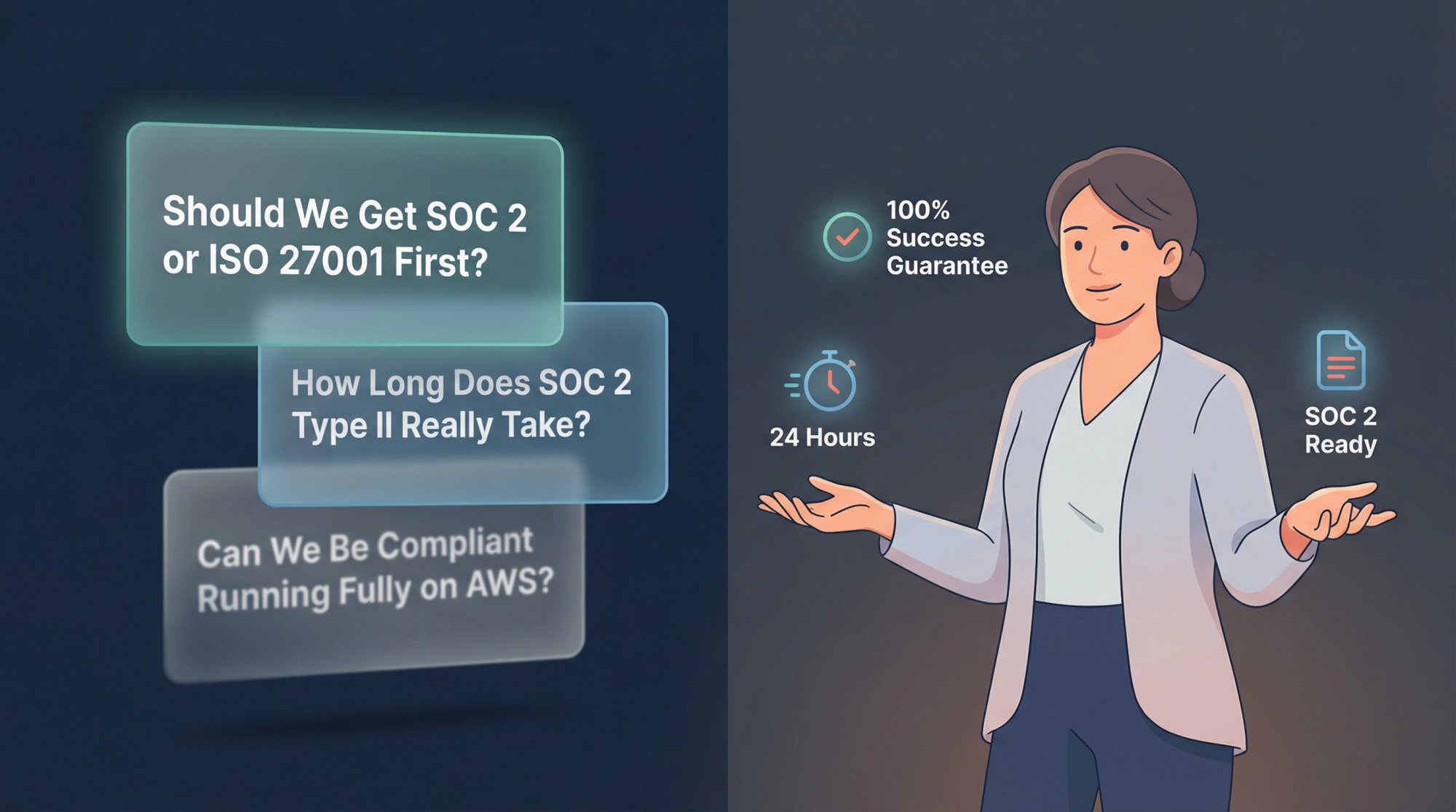 Professional B2B SaaS team receiving expert cloud compliance guidance through a supportive, knowledge-sharing visual showing clear answers to common compliance questions