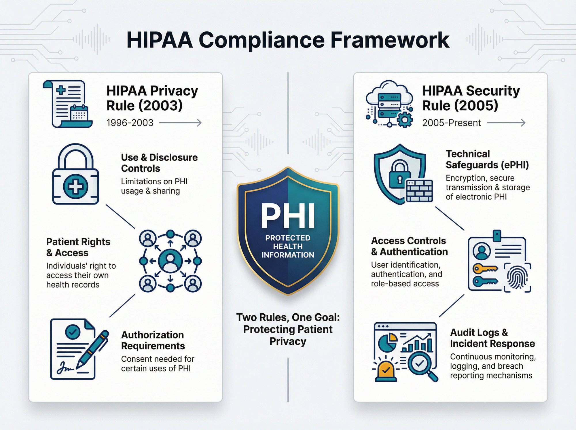 Visual diagram showing HIPAA's layered protection framework with Privacy Rule and Security Rule safeguarding PHI data