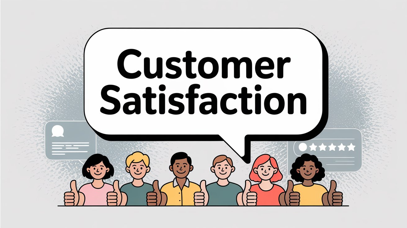 Diverse group of people giving thumbs up with customer satisfaction speech bubble, representing positive user reviews and ratings