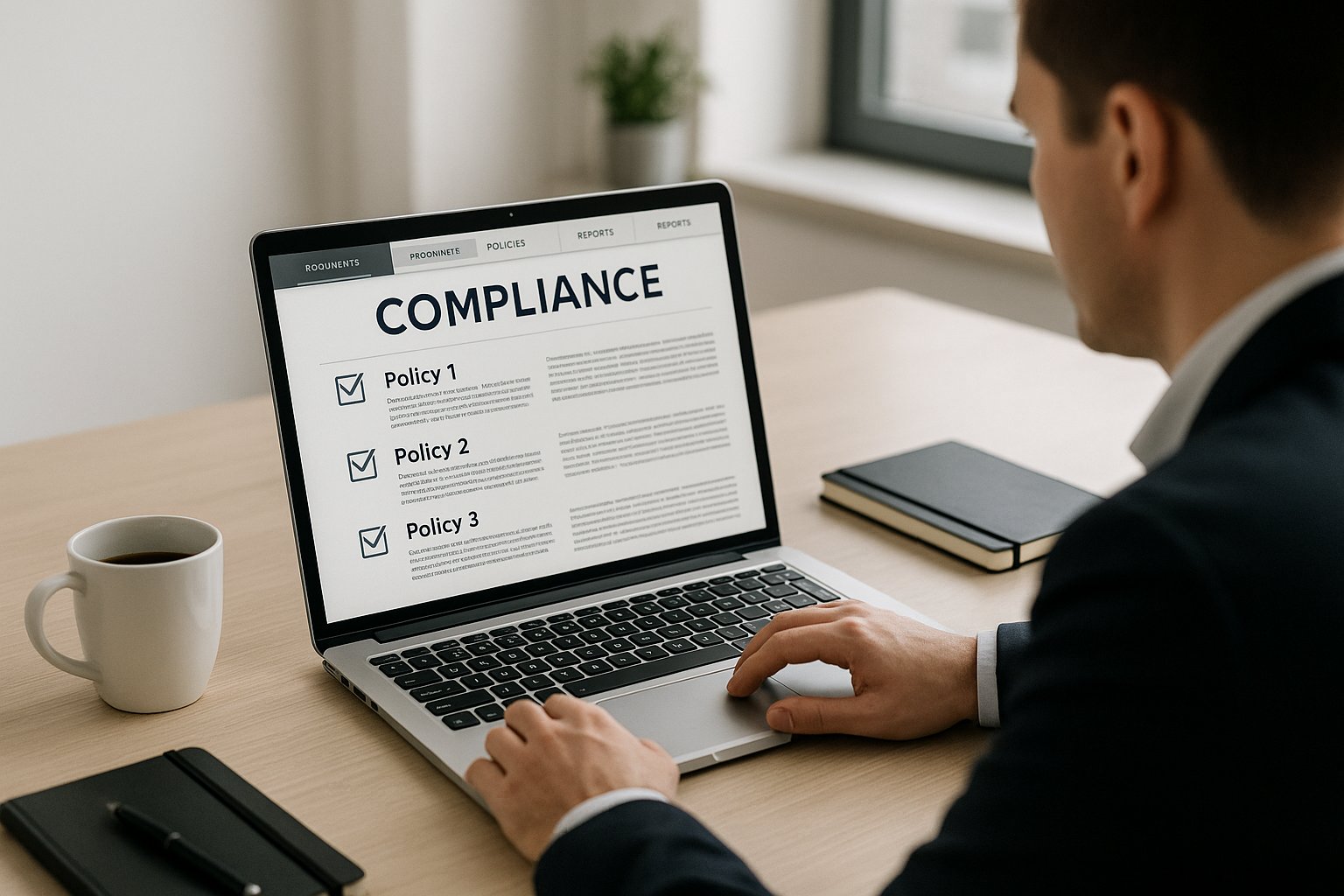 Professional workspace showing someone working on ISO 27001 compliance documentation on their laptop, with a clean organized desk, natural lighting, and modern business environment representing productive policy creation and implementation work