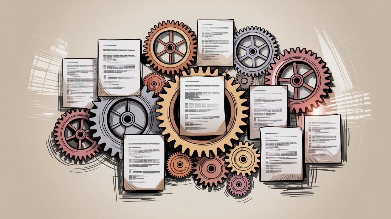 Regulatory compliance documents interconnected with mechanical gears representing complex, dynamic regulatory frameworks