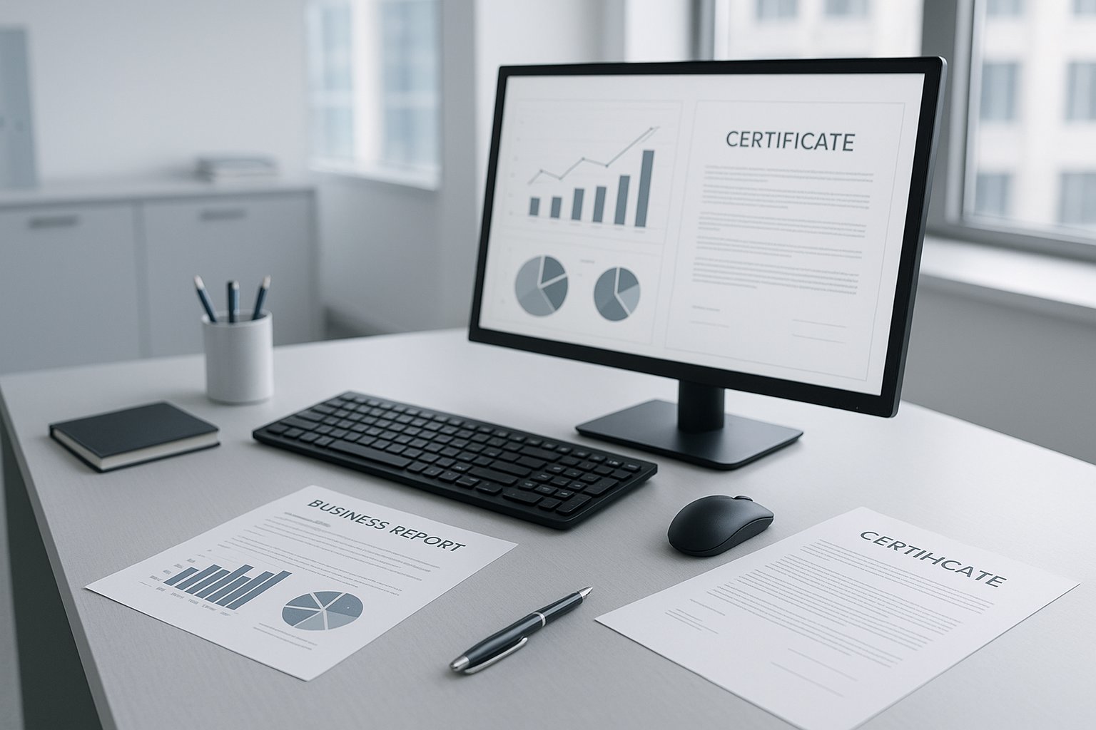 Modern professional office environment with clean organized workspace, computer monitor, and natural lighting, representing the efficient business operations needed for ISO 27001 certification