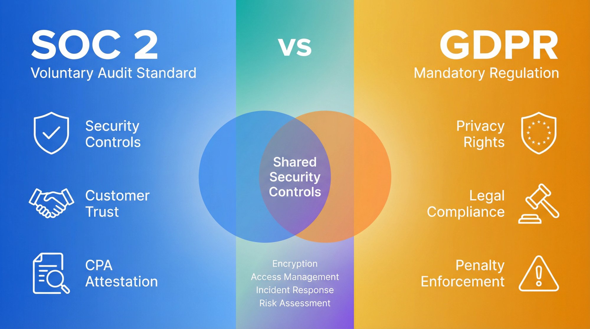 Professional split-panel infographic comparing SOC 2 voluntary audit framework with GDPR mandatory regulation