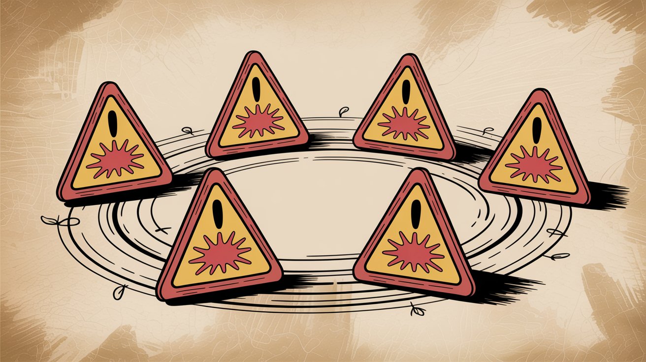 Warning caution signs showing common vulnerability management pitfalls interconnected