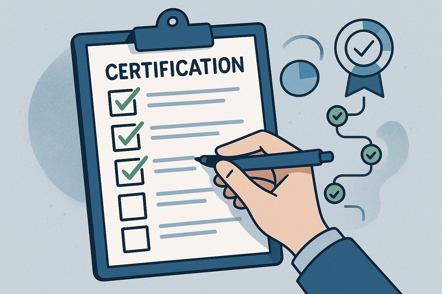 ISO 27001 certification checklist illustration showing systematic progress through compliance requirements, with checkboxes being marked off, progress indicators, and organized stages representing thorough completion of the certification journey