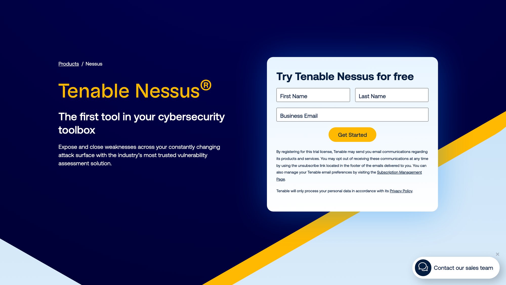 Tenable Nessus product page showcasing industry-standard vulnerability assessment features and scanning capabilities