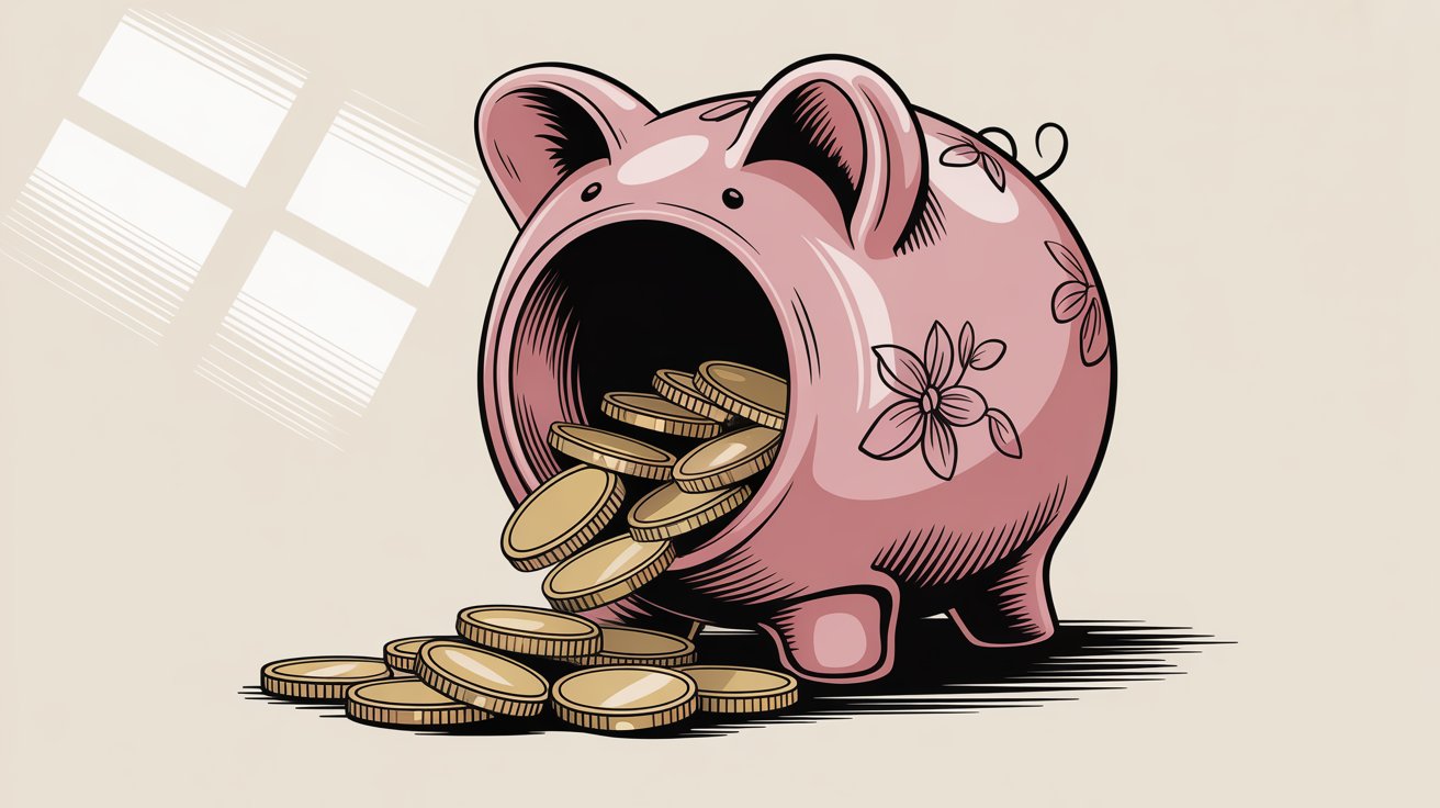 Pink piggy bank with golden coins spilling out, representing Comp AI's 30-50% cost savings compared to typical compliance platform pricing