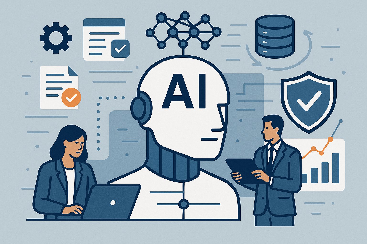 AI-driven automation in ISO 27001 risk assessment, illustrating intelligent systems analyzing security data, processing threats and vulnerabilities, and providing automated recommendations through machine learning and smart workflows