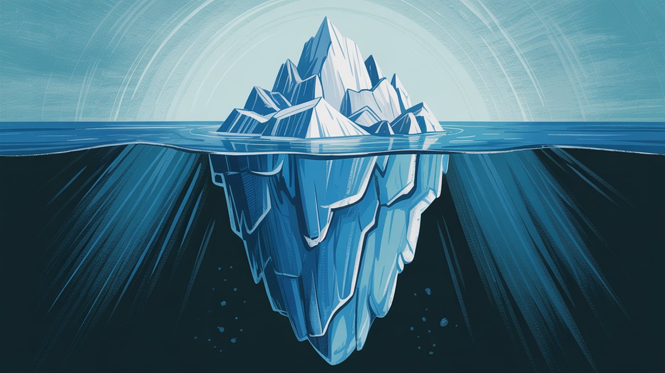 Iceberg illustration showing small visible tip above water and large hidden mass below, representing Drata's hidden pricing costs and lack of transparency