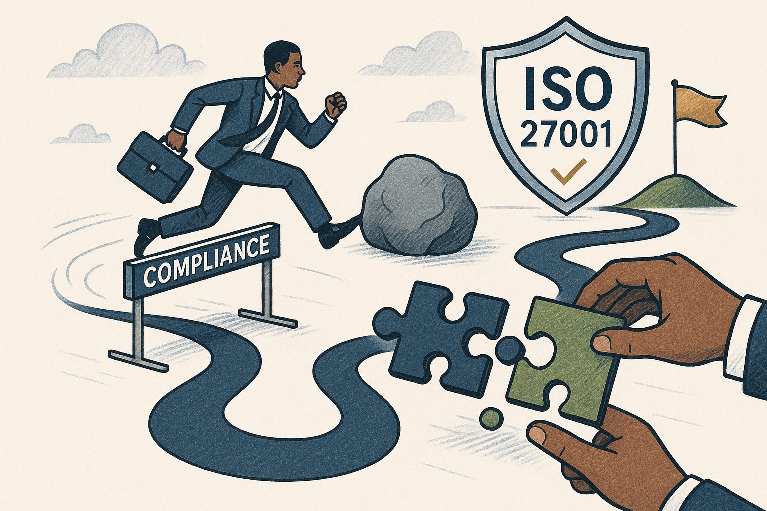 Illustration showing the journey of overcoming ISO 27001 certification challenges, depicting obstacles being successfully navigated and solutions being implemented, with visual metaphors for problem-solving and successful compliance achievement