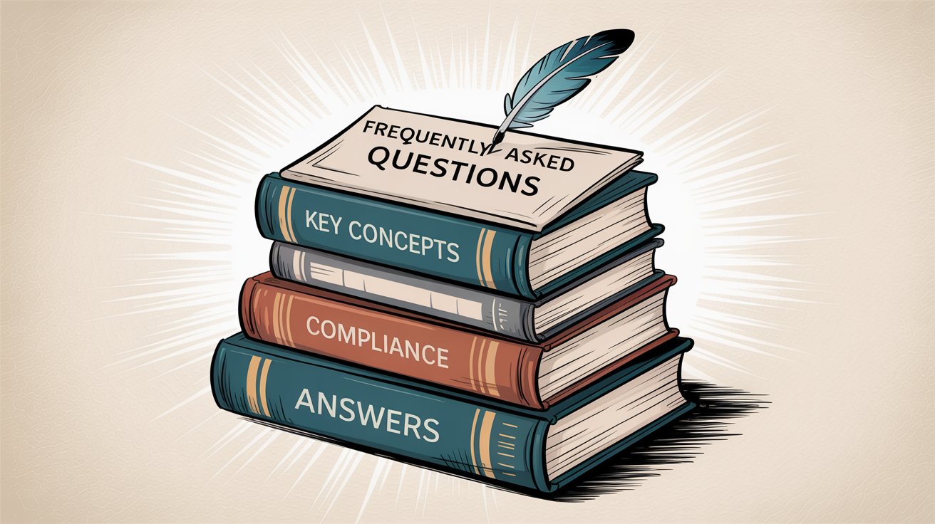 Professional illustration of stacked books labeled Frequently Asked Questions, Key Concepts, Compliance, and Answers with quill pen representing comprehensive FAQ knowledge base