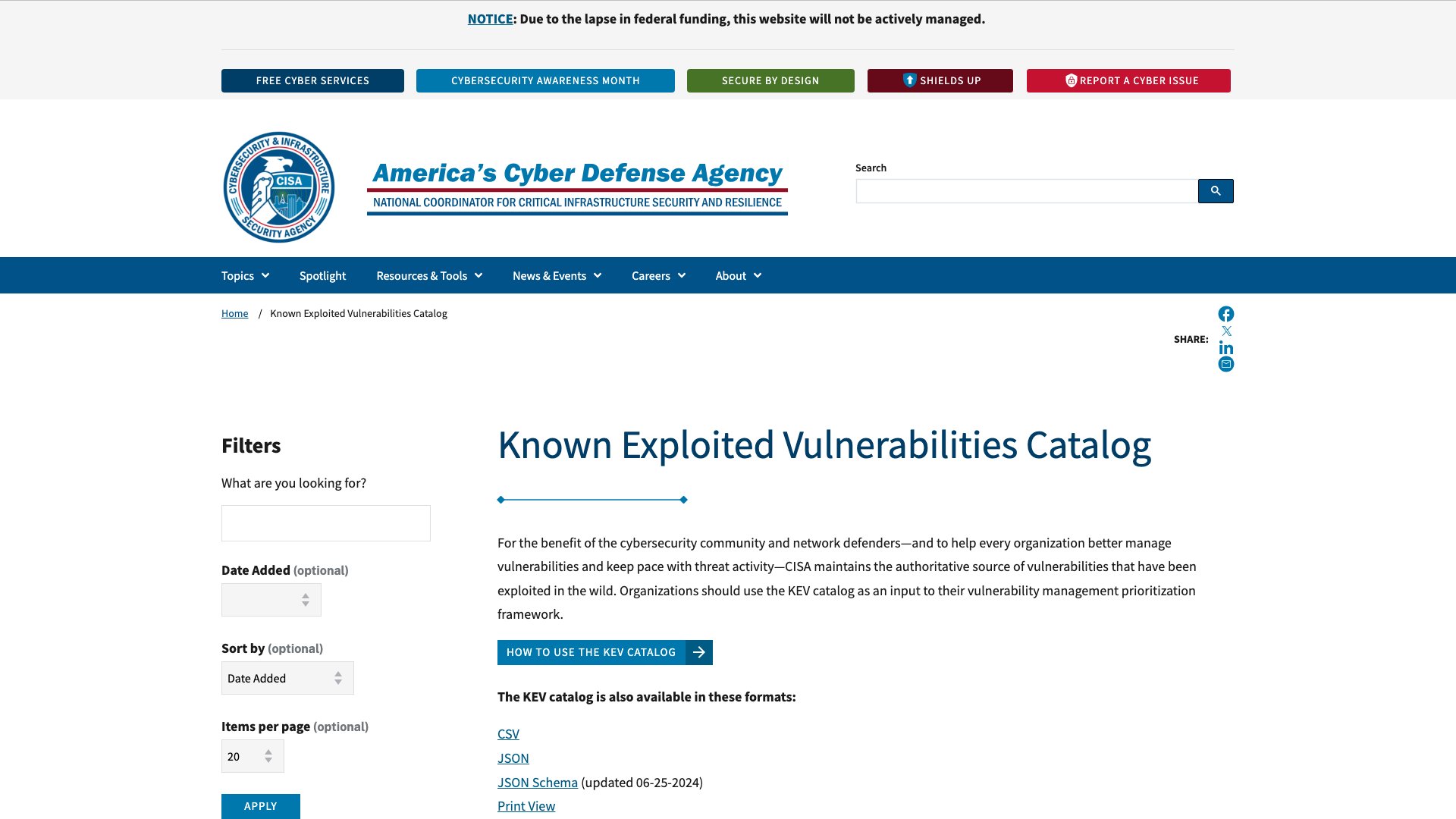 CISA KEV catalog displaying actively exploited CVEs with remediation deadlines and vendor details