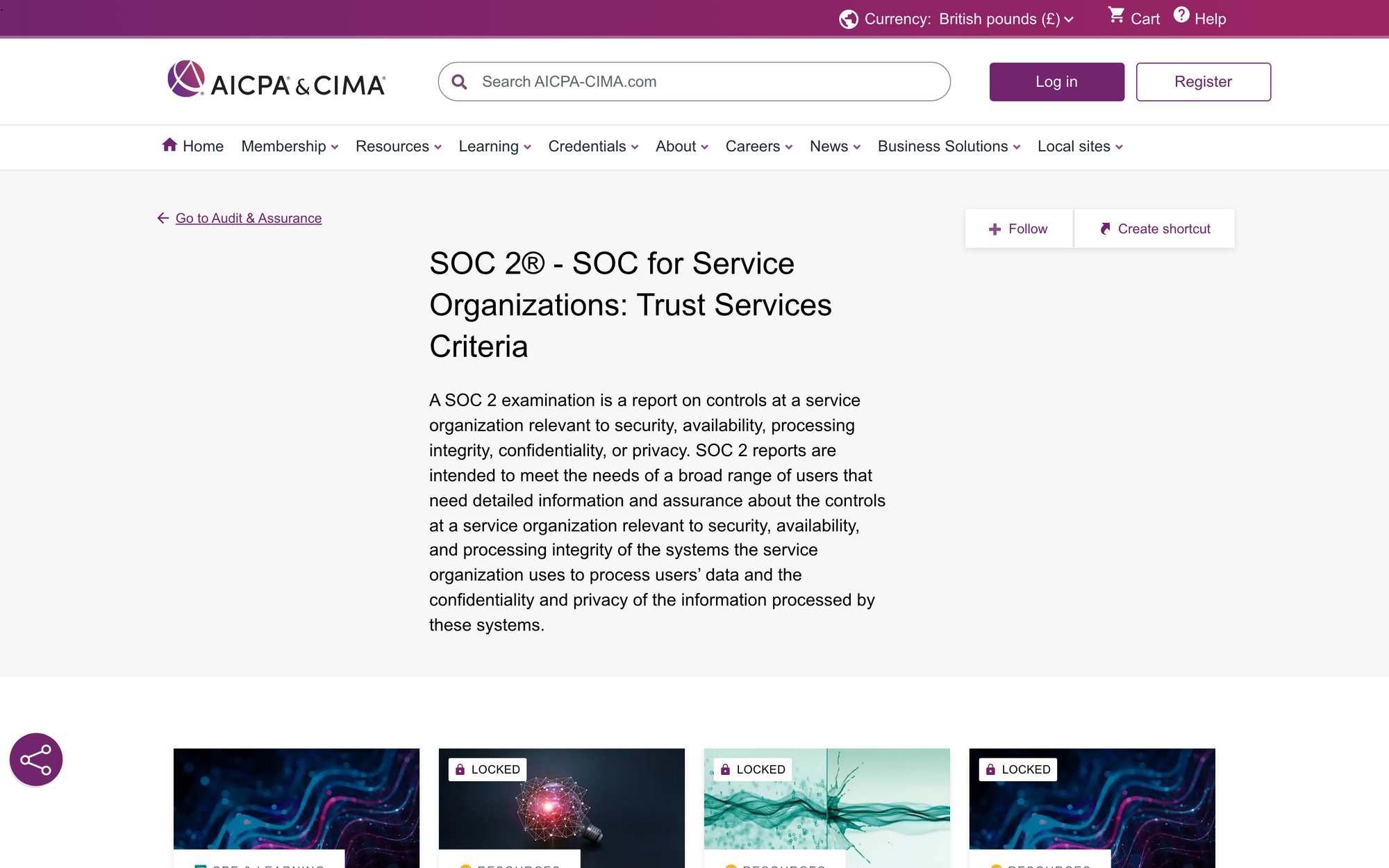 AICPA official SOC 2 audit and assurance standards page showing authoritative compliance framework documentation