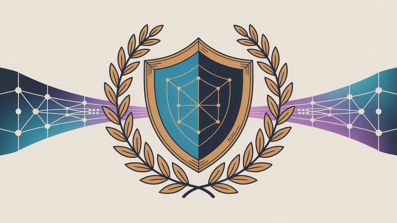 ISO 27001 certification badge with security shield and laurel wreaths