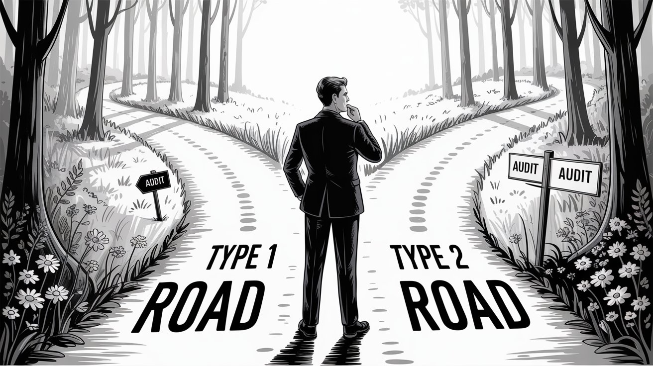 Decision illustration showing the fork between SOC 2 Type I and Type II audit paths, visualizing the choice companies must make