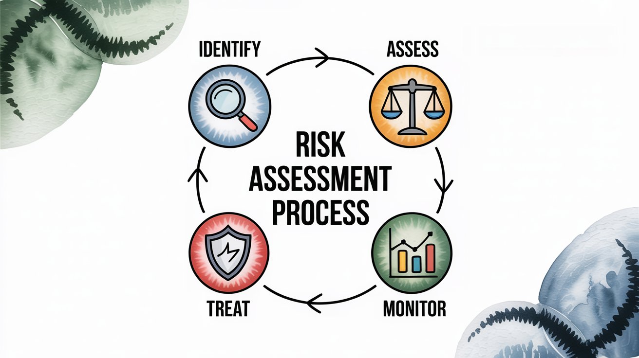 Risk assessment process flow diagram showing identify, assess, monitor, and treat cycle