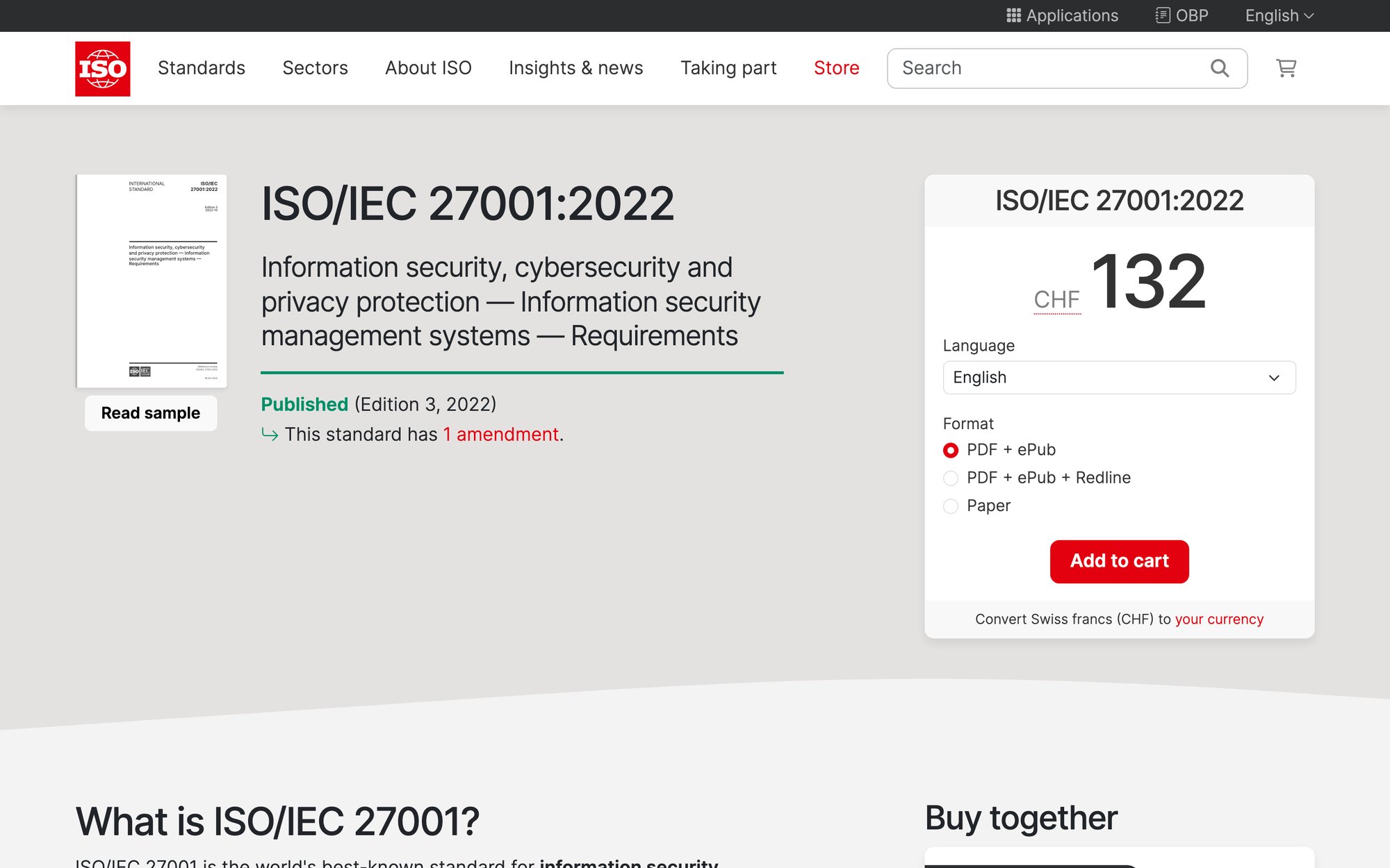 ISO 27001 Information Security Management standard official page showing certification requirements and scope