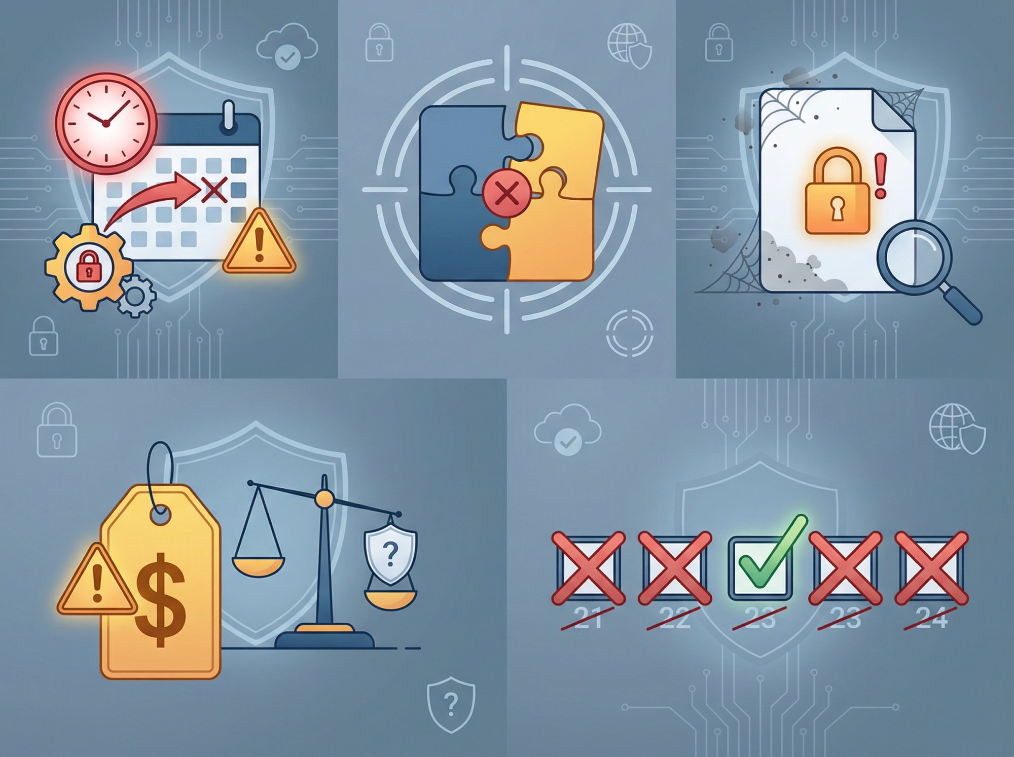 Five common SOC 2 penetration testing mistakes illustrated as warning signs in modern style