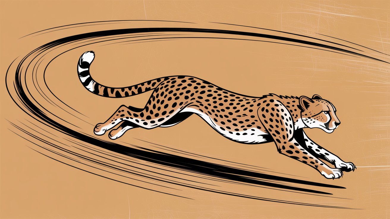 Running cheetah on race track with speed lines, representing Comp AI's competitive advantage in fast compliance delivery