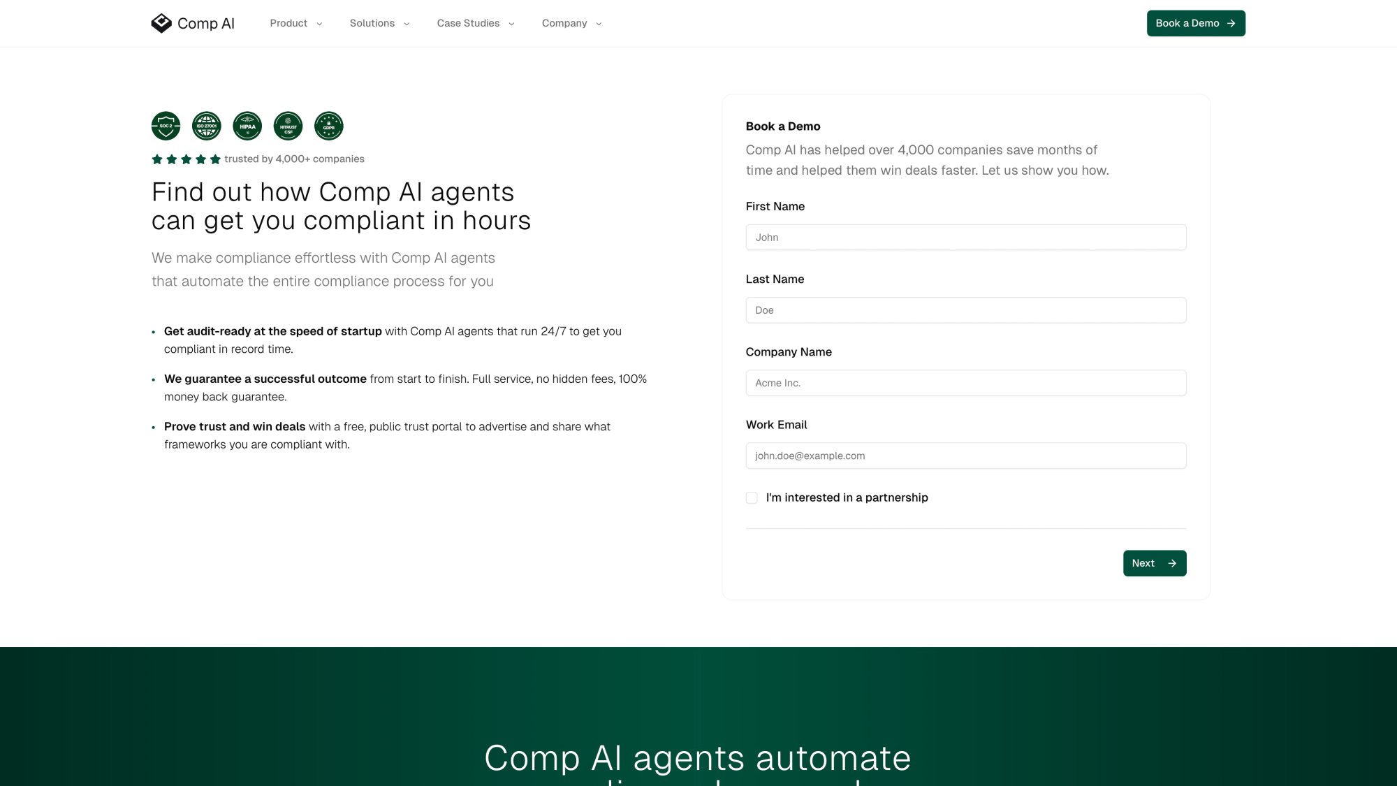 Comp AI demo booking page showing how to get started with compliance automation in hours