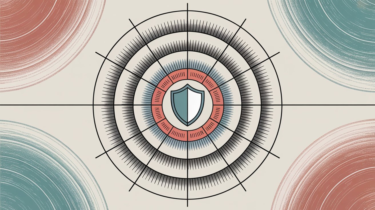 Concentric circles diagram showing layered vulnerability management framework with security shield at center