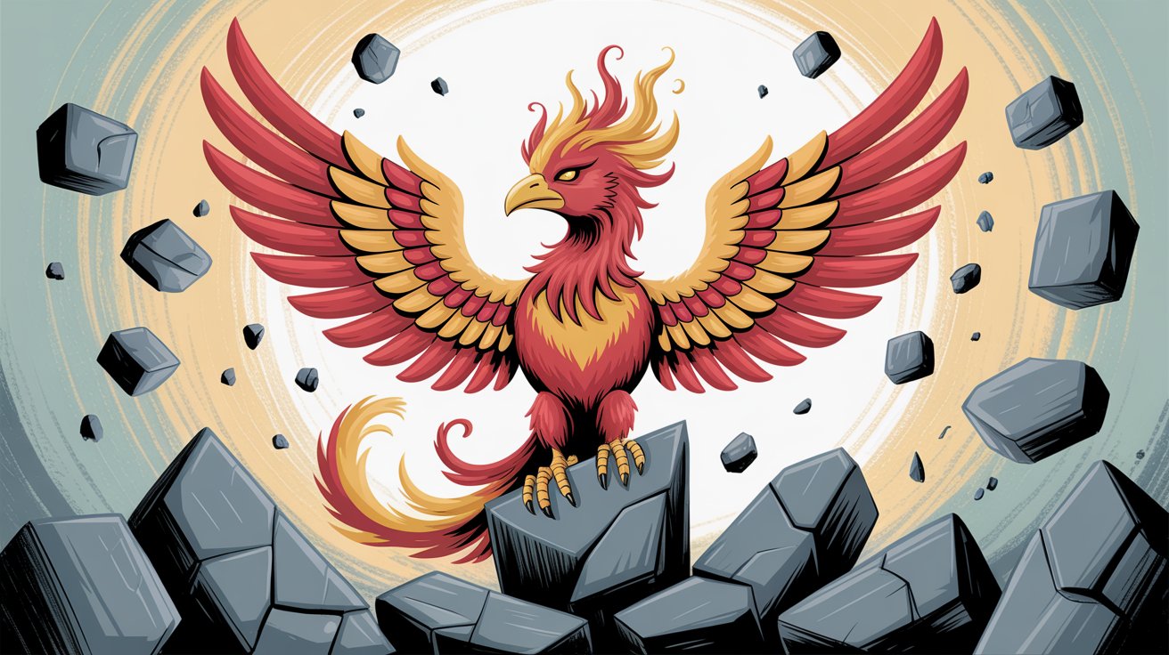 Phoenix rising from broken debris representing SOC 2 audit recovery and resilience