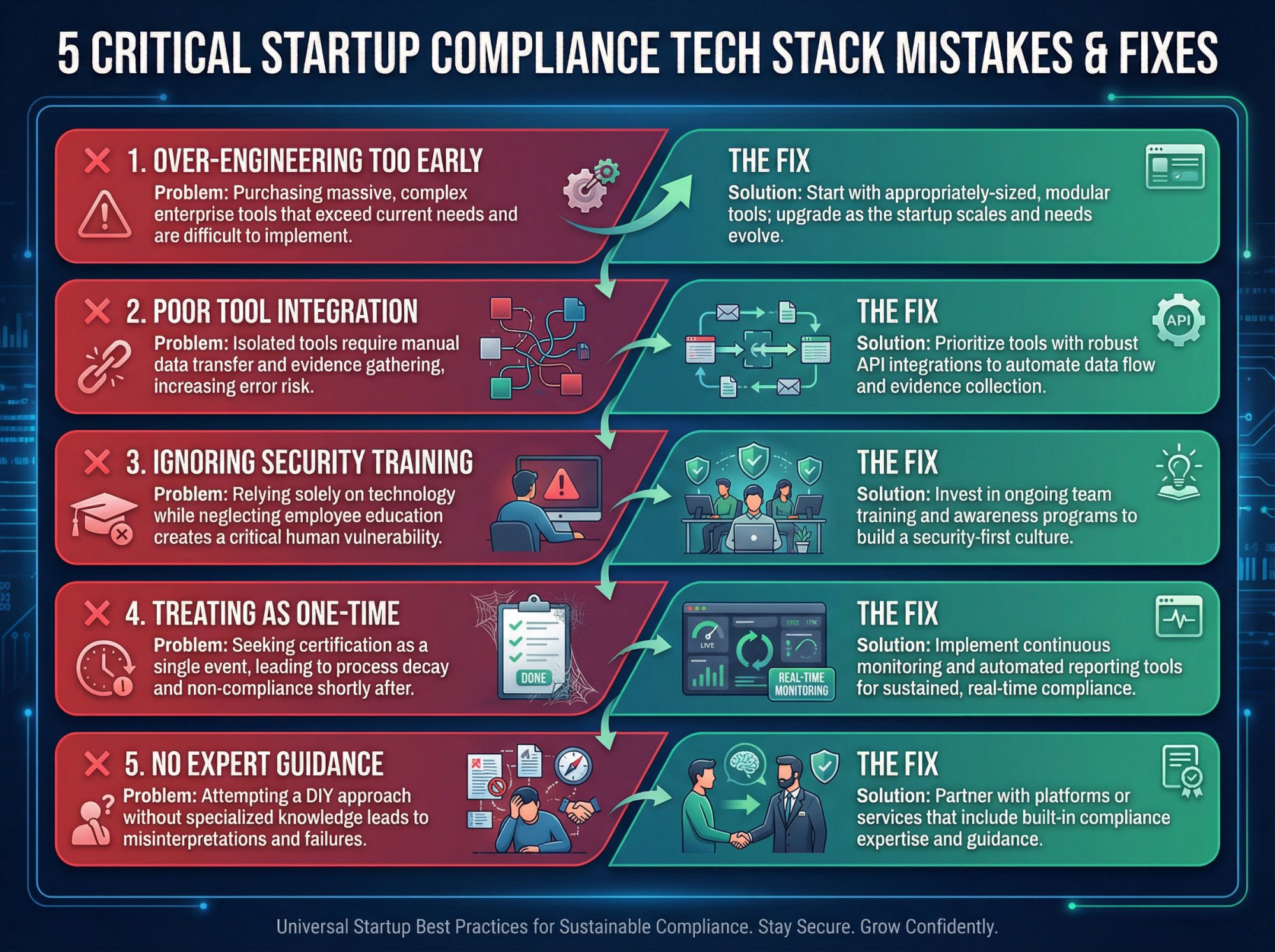 Five compliance tech stack mistakes for startups: over-engineering, poor integration, ignoring training, one-time audits, and lack of expert guidance