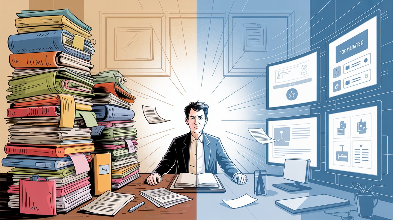 Traditional manual compliance versus modern automated compliance software showing transformation to streamlined automation