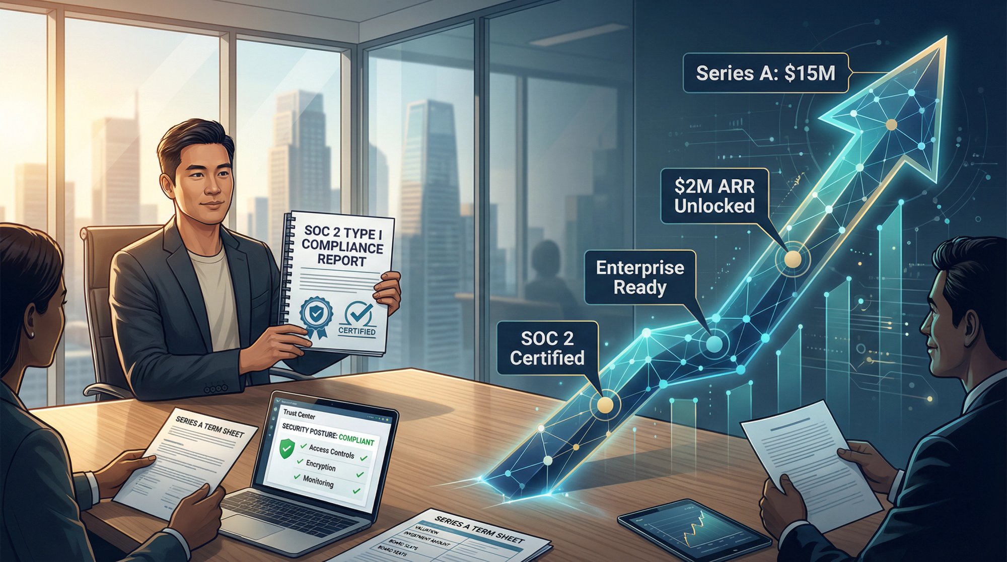 Startup founder confidently presenting SOC 2 compliance documentation during Series A investor due diligence meeting, showing preparedness and operational maturity