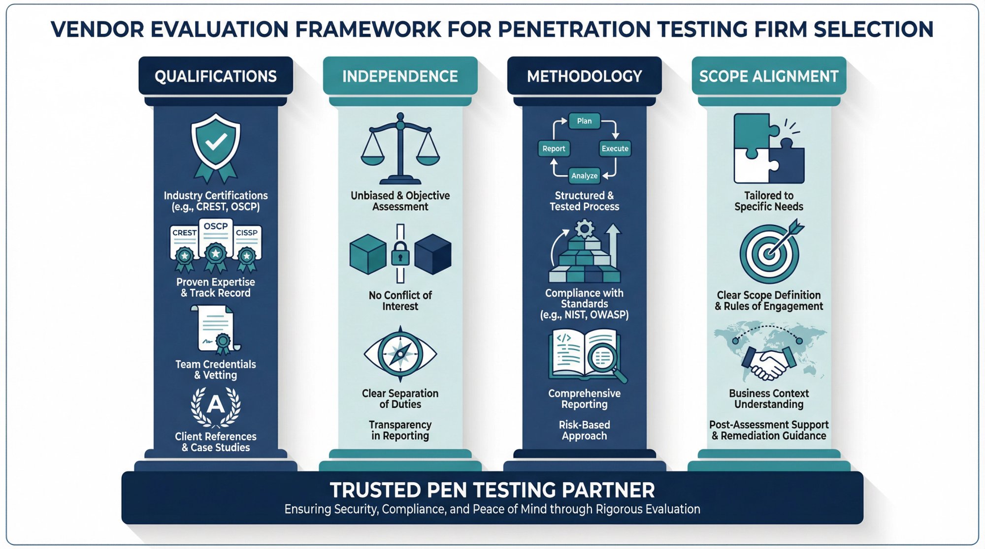 Four-pillar evaluation framework for choosing a SOC 2 penetration testing firm