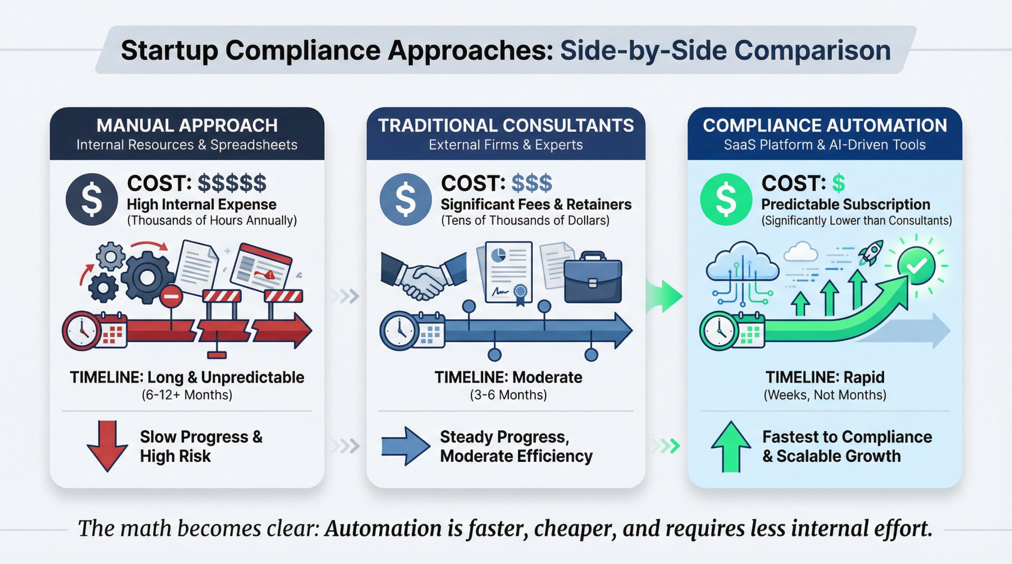 Comparison of three compliance approaches showing manual (300-500+ hours, 6-12 months), consultants ($50K-$150K, 6-12 months), and automation (under $15K/year, days-weeks)