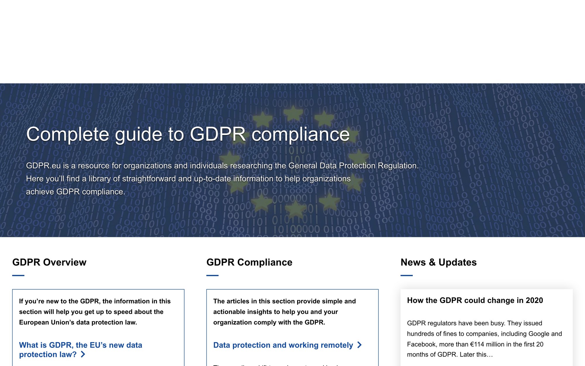 GDPR.eu homepage showing comprehensive data protection and retention guidance resources