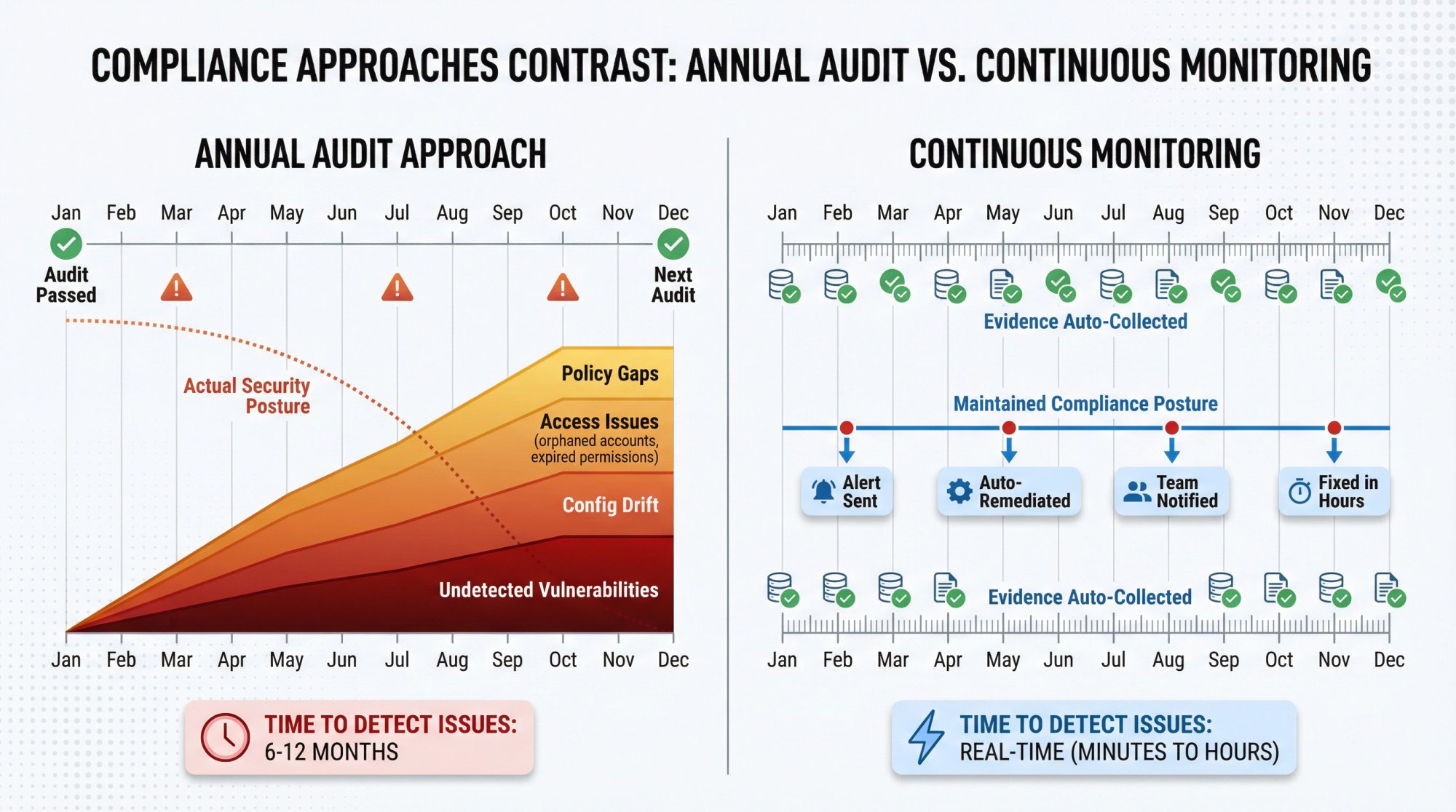 Split comparison showing security drift accumulating between annual audits versus real-time detection with continuous monitoring