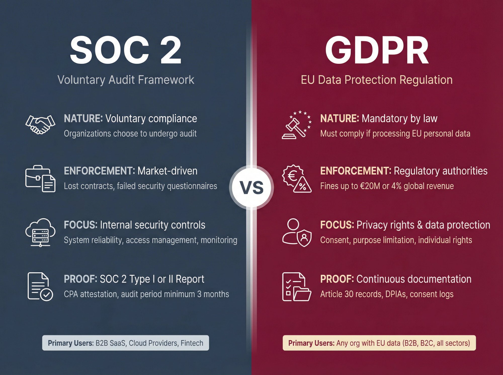 Split comparison infographic contrasting SOC 2 voluntary audit framework vs GDPR mandatory regulation