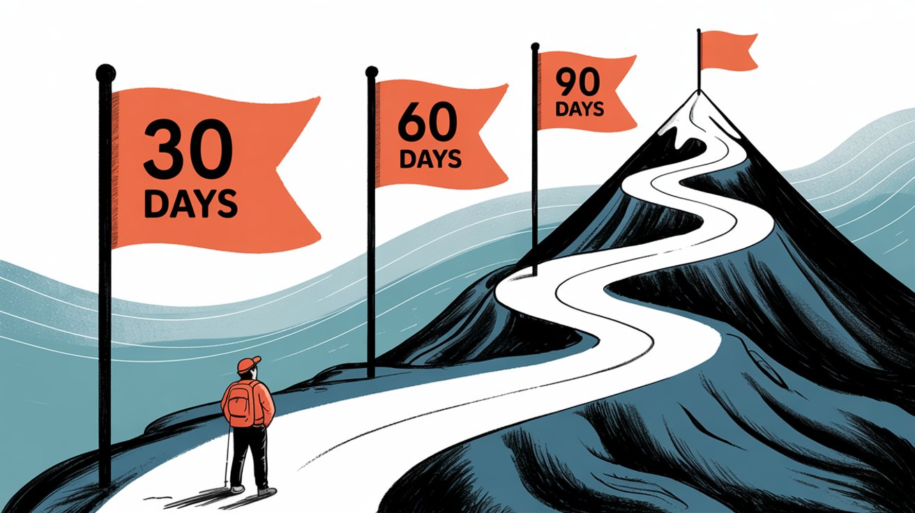 Hand-drawn editorial illustration showing a 30-60-90 day implementation journey as a mountain climbing metaphor with milestone flags at each checkpoint, depicting the progression of risk management software implementation phases