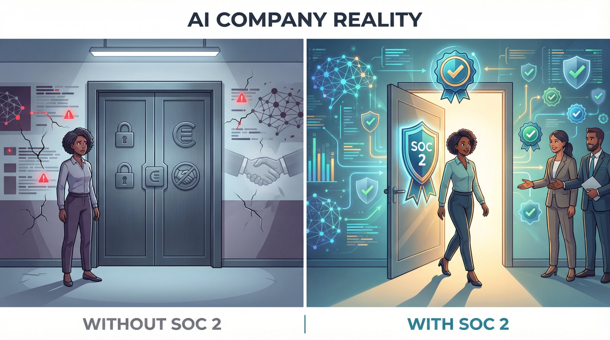 Split visual comparing AI companies without vs with SOC 2: closed doors and breach risks vs enterprise access and trust