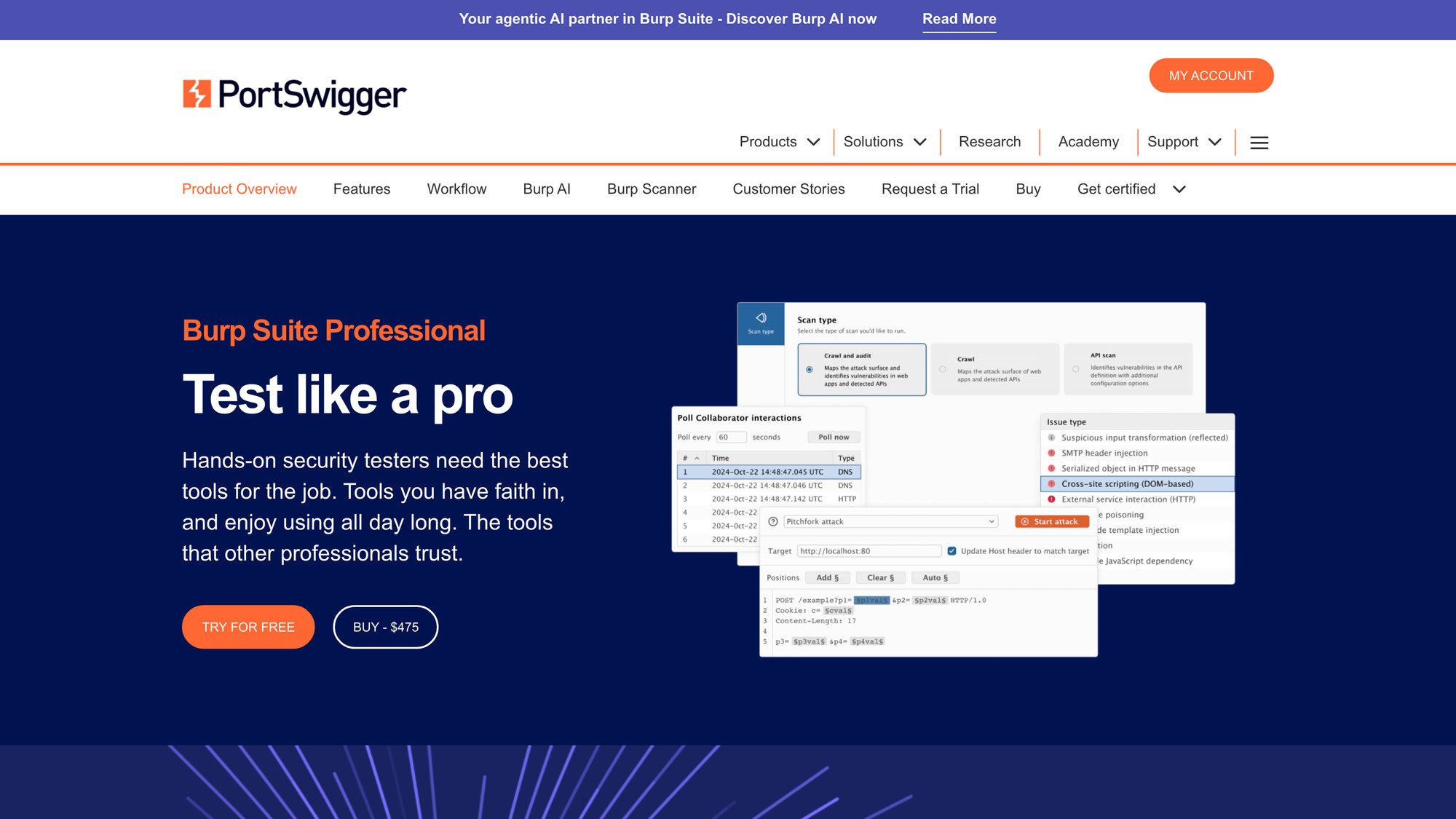 Burp Suite Professional product page showing web application security testing platform features and interface screenshots