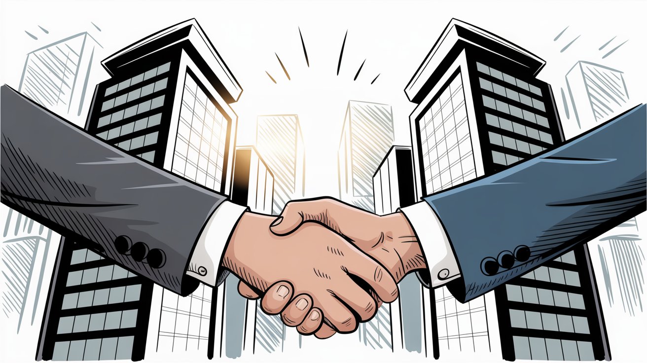 Professional illustration of business handshake between corporate partners with enterprise office buildings representing high-stakes Type 2 compliance requirements