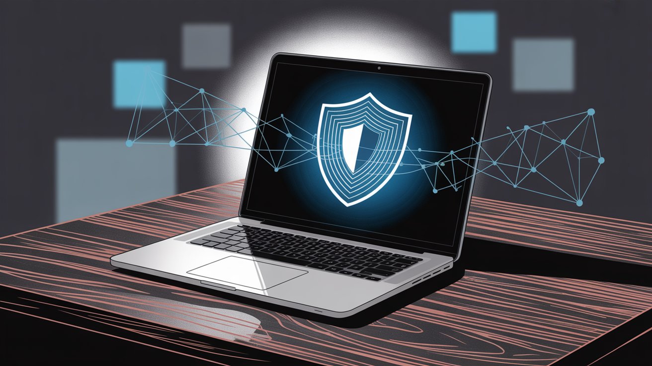 Illustration of device security management showing laptop encryption and security monitoring capabilities offered by compliance platforms