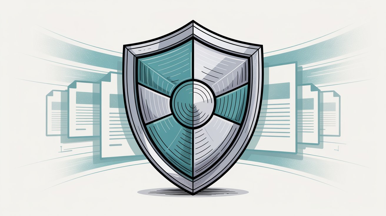 Professional security shield with layered compliance documents illustrating SOC 2 audit framework and decision-making
