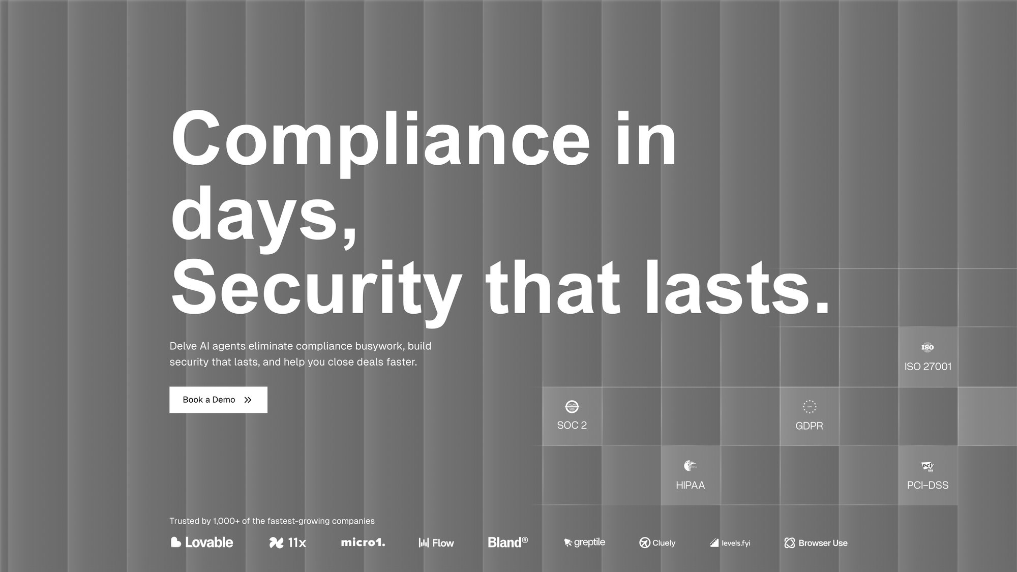 Delve compliance automation platform homepage showing AI-native approach with autonomous agents for SOC 2, ISO 27001, and HIPAA compliance