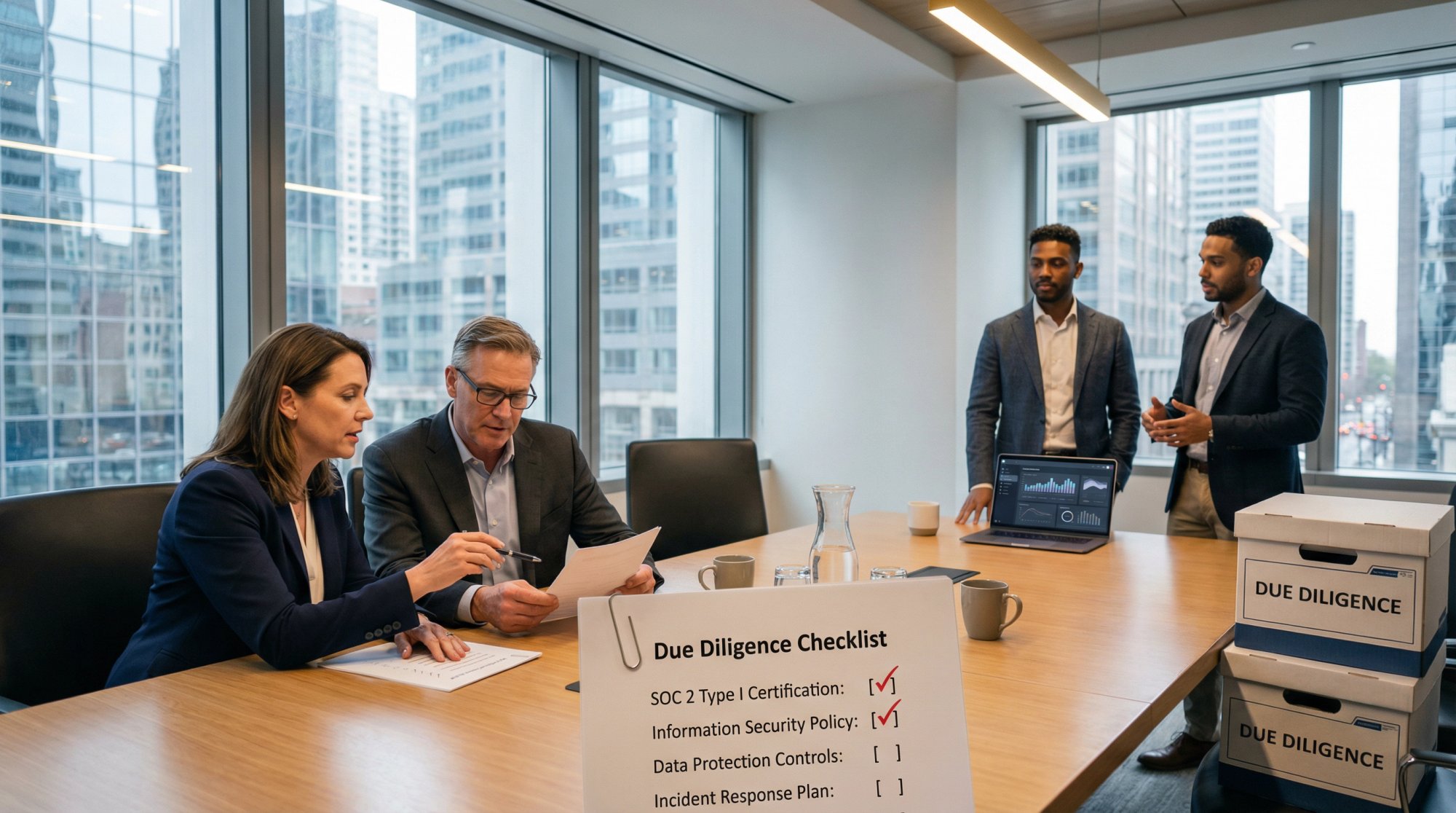 VC partners reviewing a startup's security compliance checklist during Series A due diligence meeting