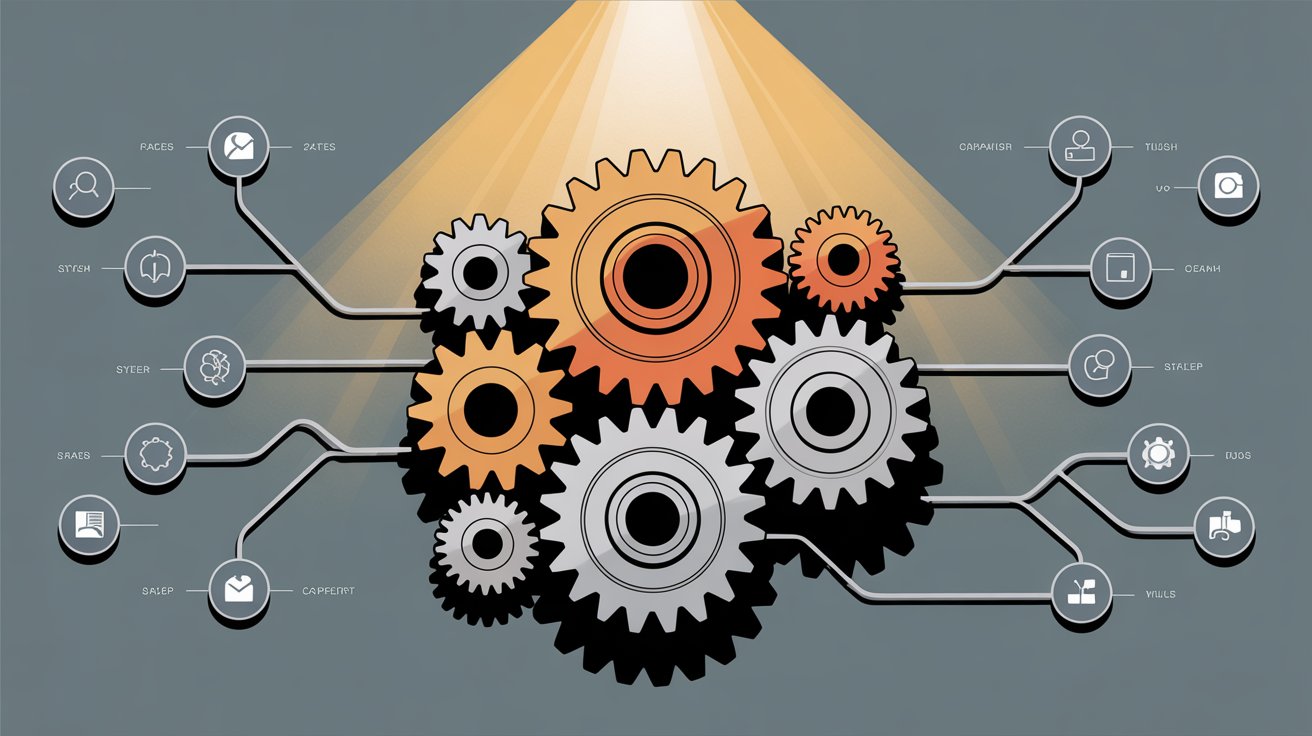 Interlocking gears with connected feature icons on both sides, representing the technical capabilities and feature comparison between compliance platforms