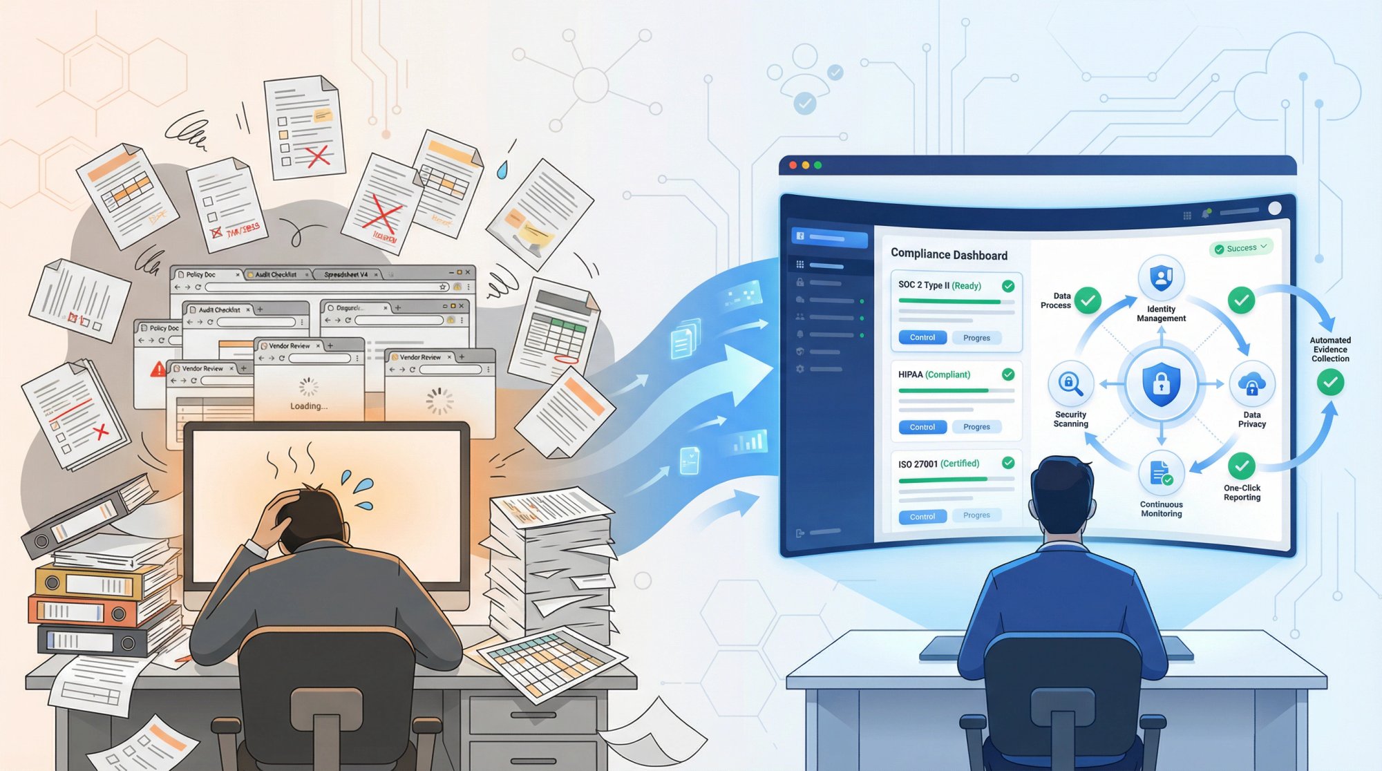 Modern startup founder transforming chaotic manual compliance into streamlined automated tech stack with integrated tools