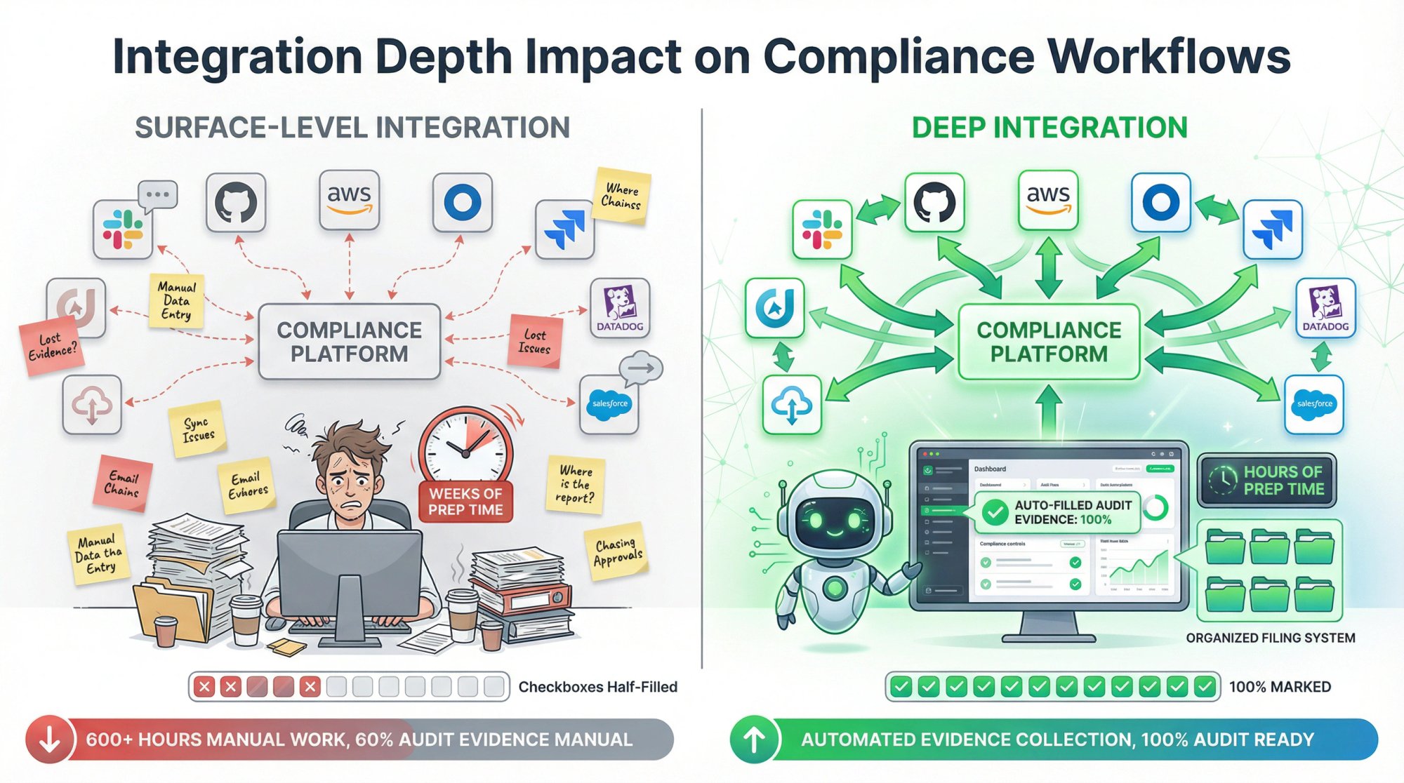Comparison diagram showing surface-level vs deep tool integrations for compliance data flow
