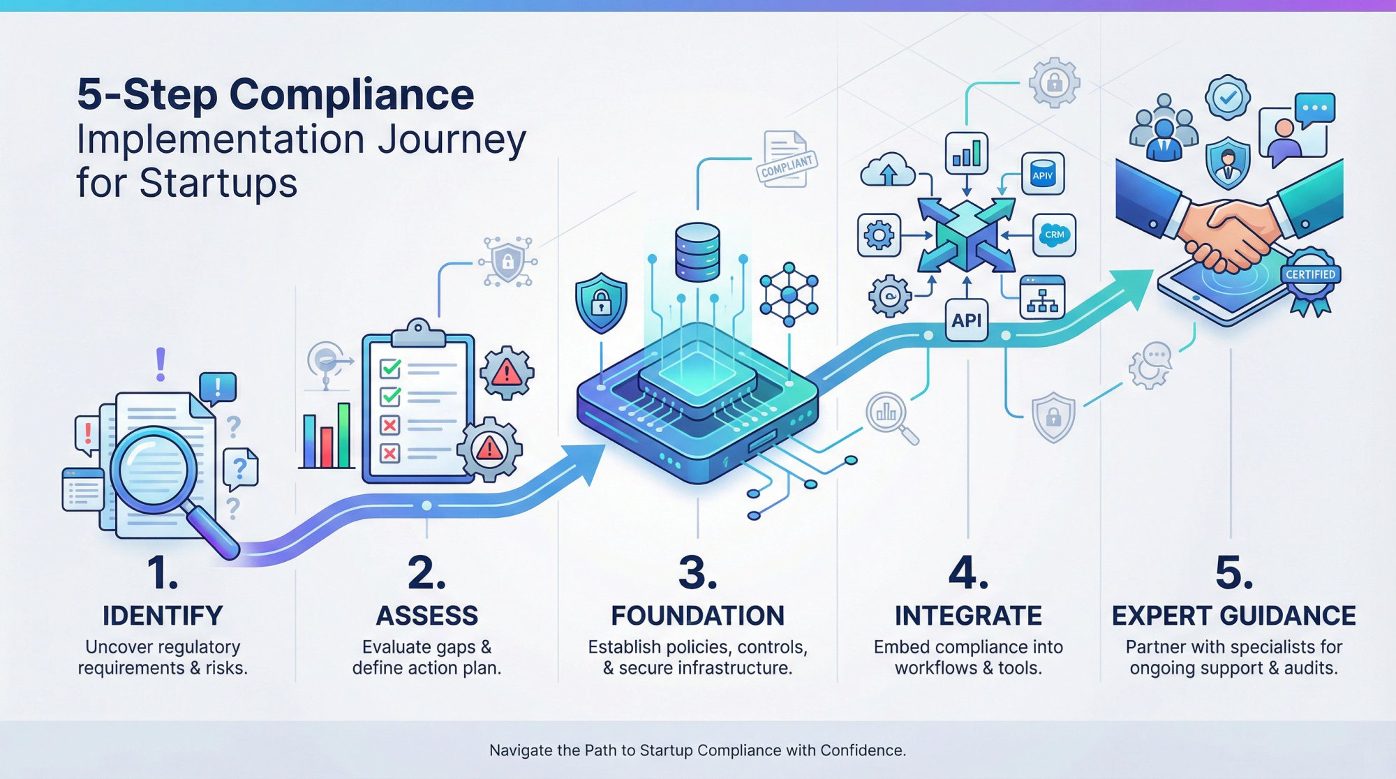 5-step compliance implementation roadmap showing progression from assessment through integration and expert guidance