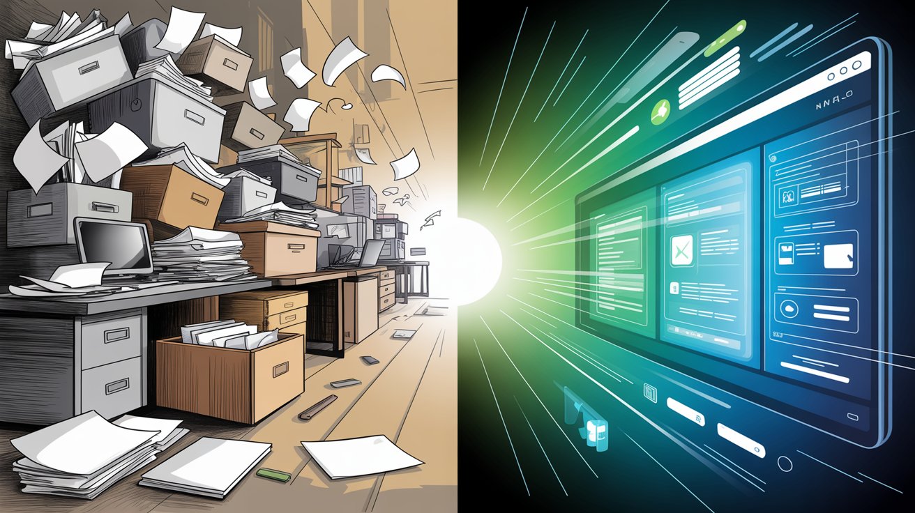 Before and after comparison showing chaotic scattered audit documents transforming into organized centralized digital audit management platform