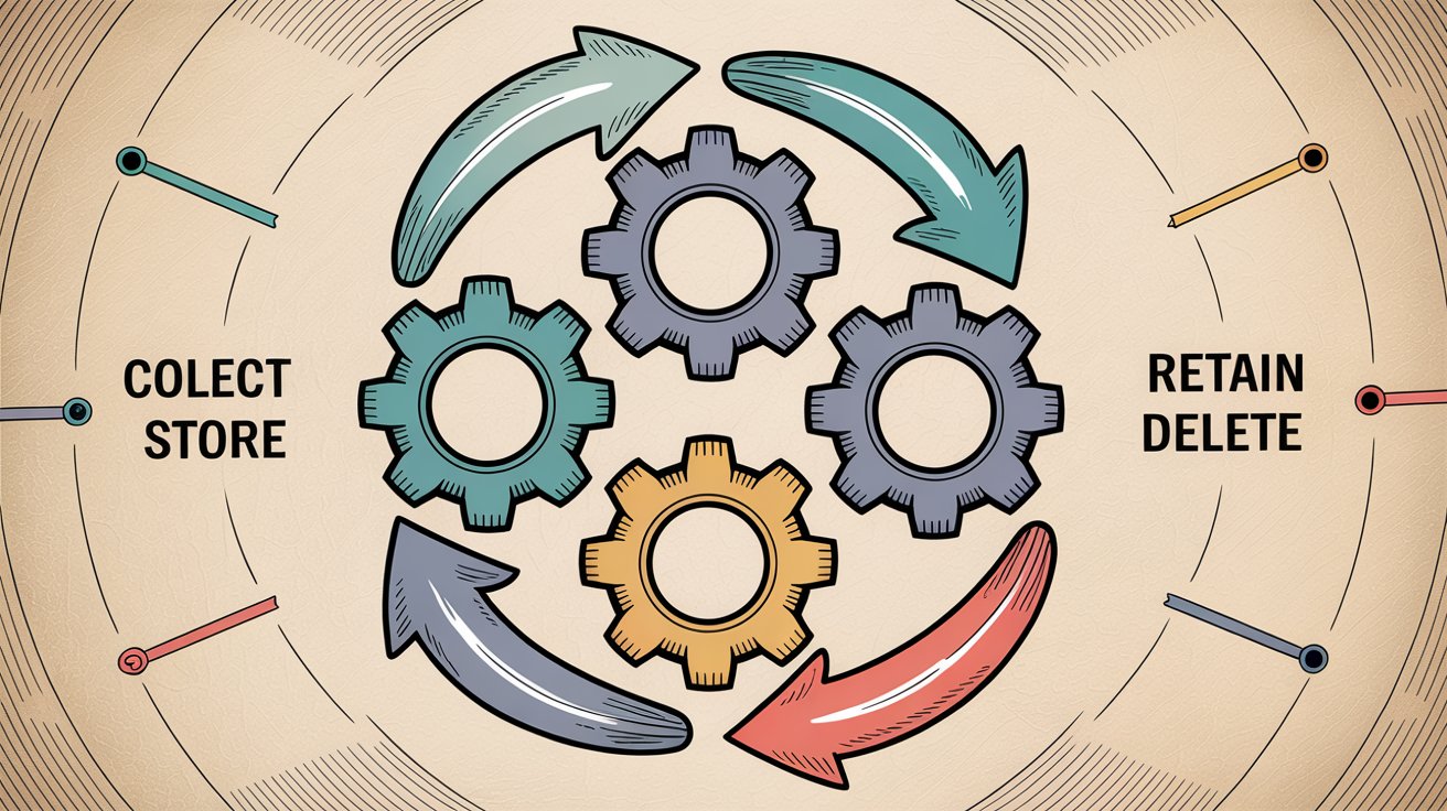 Data retention lifecycle: collect, store, retain, delete shown as circular workflow with gears